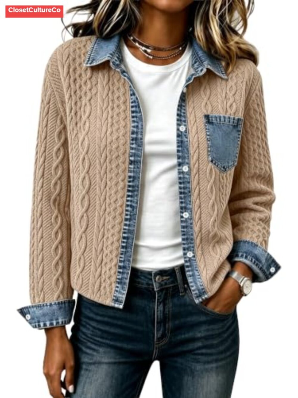 Women's Cropped Denim Bomber Jacket Cable Knit Shacket Casual